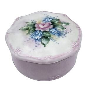 Vintage 1993 Hand Painted by Betty Dale Round Purple Flower Ceramic Keepsake Box